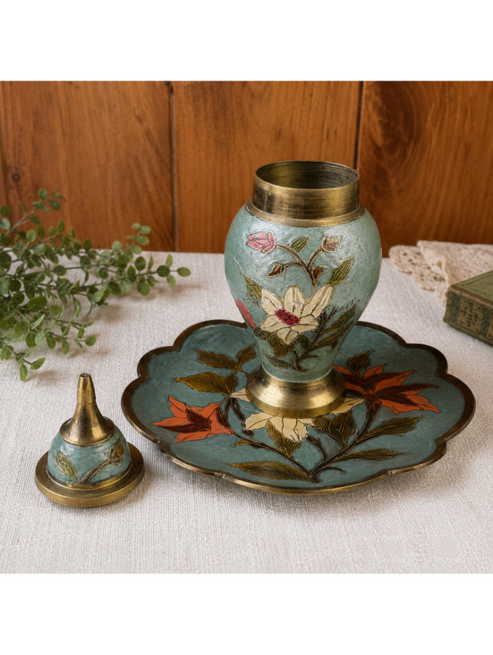 Vintage Floral Metal Urn Vase Lid Scalloped Tray Blue Green Brass Made in India